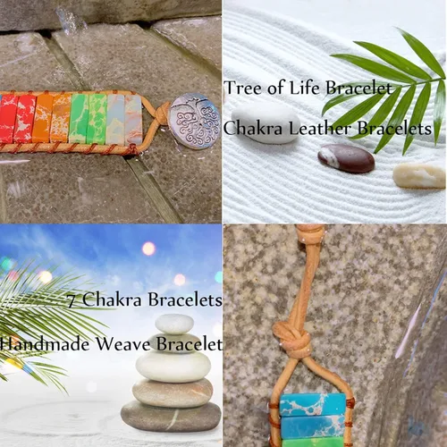 Vista 4 de Pulsera de cuero de chakras, hecha a mano, bohemia, girasol, piedra real, pulseras para mujeres y niñas, tejido de yoga curativo, joyería