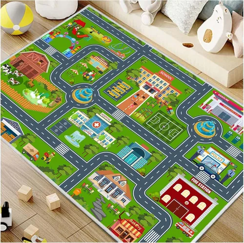 Vista 9 de Alfombra de coche de carretera para niños, 31 x 47 pulgadas, alfombra de pista de carreras de ciudad, alfombra de carreras para niños, alfombra