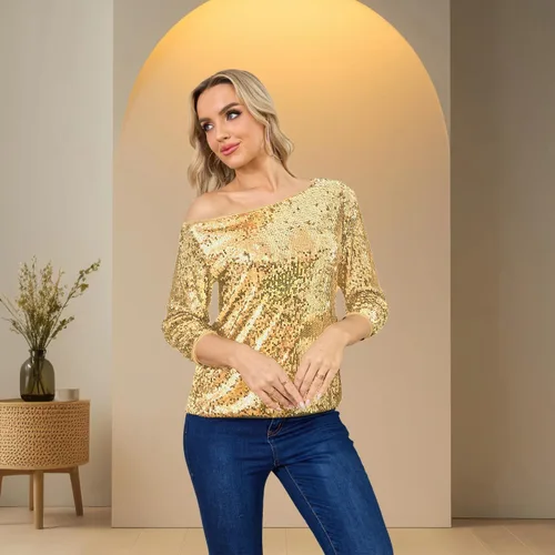 Vista 2 de Camiseta sin mangas con lentejuelas brillantes y hombros descubiertos para mujeres, Blusa, Camiseta para cóctel, informal, con lentejuelas