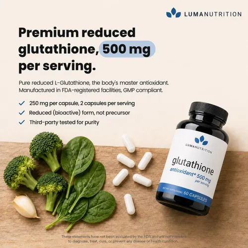 Vista 3 de Luma Nutrition Suplemento premium de glutatión - 500 mg - L-glutatión - Soporte antioxidante - Reducido - Soporte hepático - 60 cápsulas