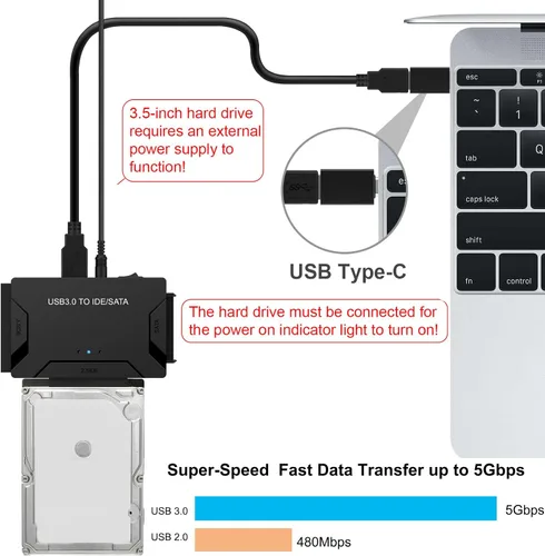 Vista 5 de Adaptador USB 3.0 a IDE SATA lector de disco duro para disco duro HDD/SSD de 2.5/3.5, cable de convección externa de ultra recuperación incluye