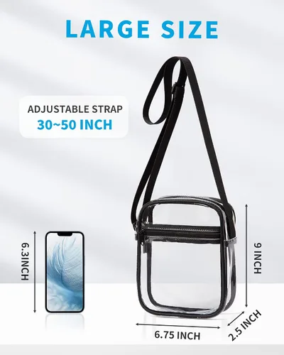 Vista 3 de Vorspack Bolso de PVC aprobado para estadios, bolsa cruzada transparente con bolsillo frontal para conciertos, deportes, festivales