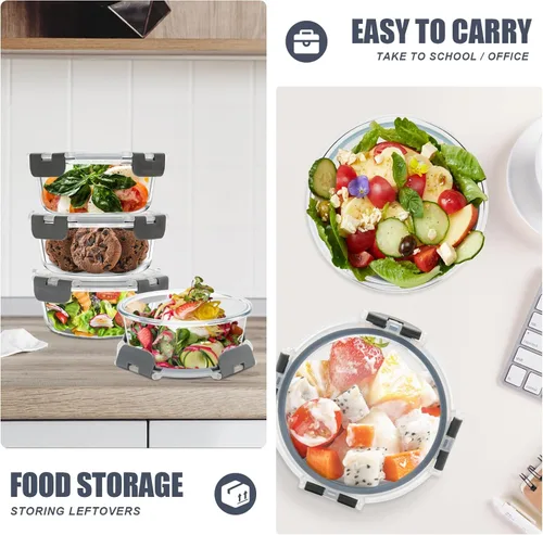 Vista 4 de Paquete de 6 recipientes de vidrio para almacenamiento de alimentos con tapas, ideales para preparación de comidas, sobras, aptos para congelador a