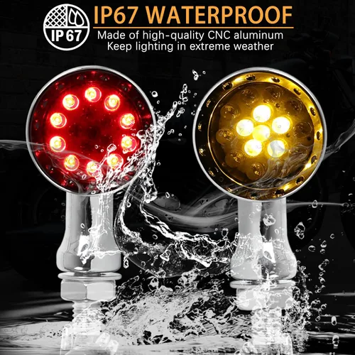 Vista 4 de DREAMIZER - Luces intermitentes para motocicleta cromadas, 15 LEDs, con forma de bala, luces indicadoras delanteras y traseras, luz roja ámbar, Luz