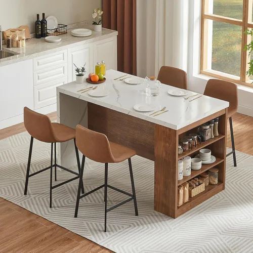 Vista 3 de ONBRILL Mesa completa de mesa de isla de cocina de 61 x 31 pulgadas con espacio de almacenamiento, toma de corriente y luces LED, mesa de comedor