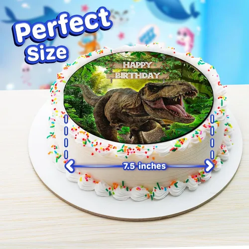 Vista 3 de Decoración comestible para tartas de 7.5 pulgadas, colección de fiesta de cumpleaños con temática de dinosaurios y aventuras, decoraciones