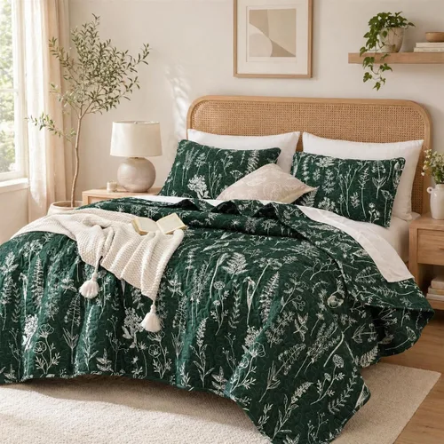 Vista 17 de JANZAA Juego de colcha tamaño Queen de 3 piezas con patrón floral, de microfibra ligera, ropa de cama reversible, 1 colcha y 2 fundas de almohada