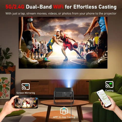 Vista 5 de [Ultradelgado de 1.97 pulgadas Enfoque automático Aplicaciones integradas Soporte de 360°] Mini proyector inteligente con WiFi y Bluetooth