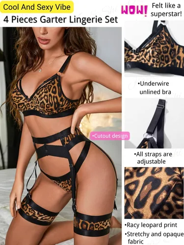 Vista 2 de Kaei&Shi - Lencería con liguero para mujer, conjunto de encaje traslúcido y sexy de 4 piezas combinadas