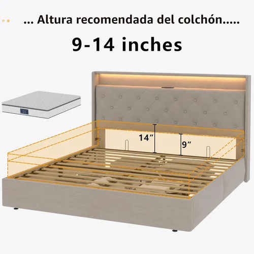 Vista 8 de Loomie Marco de Cama Queen Elevable con Estación de Carga y Luces LED, Cama Tapizada con Cabecera de Almacenamiento Capitoné con Respaldo Alto
