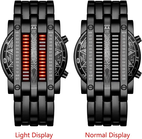 Vista 2 de Reloj de pulsera digital para hombre MASTOP, estilo matriz binaria, LED azul, clásico, creativo, de moda, enchapado en negro