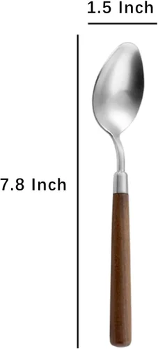 Vista 2 de Ouliget Cuchara de mango de madera retro, cucharadas de servir de acero inoxidable, cuchara de madera, cubiertos plateados con mango marrón, 4