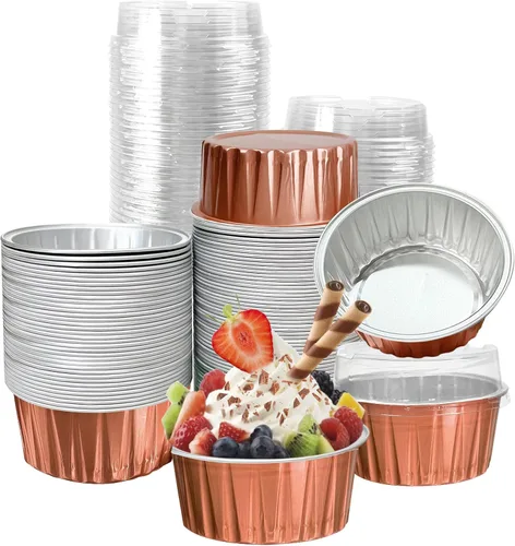 Vista 9 de 100 piezas de tazas de aluminio con tapas, 5 onzas de tazas desechables de ramekin para hornear, forros para magdalenas, mini moldes para tartas