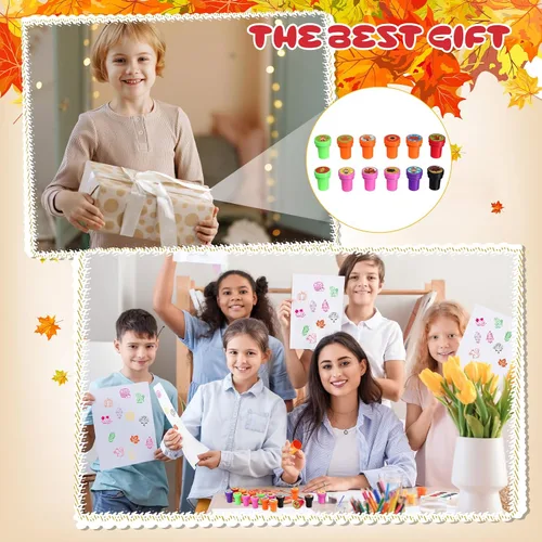 Vista 5 de Jenaai 24 sellos de otoño para niños, regalos de fiesta de otoño, sellos de tinta a granel, regalos de fiesta de Acción de Gracias, varios sellos