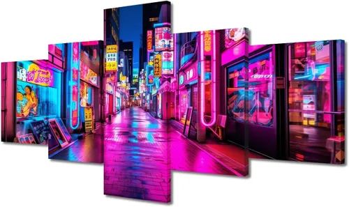 Vista 24 de Póster de 5 paneles en lienzo para decoración de pared, diseño de centro urbano Cyberpunk, impresión moderna, decoración de pared para el hogar