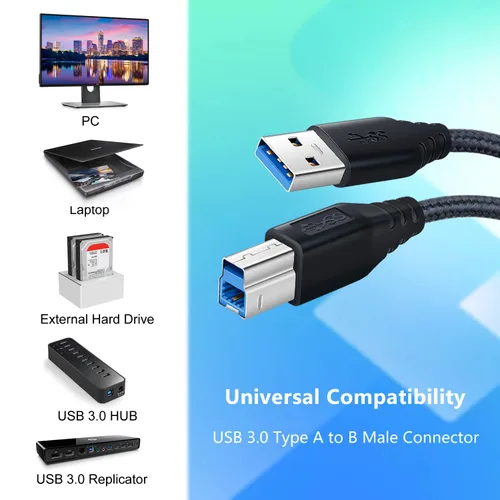 Vista 7 de OKRAY Cable USB 3.0 A a B, paquete de 2 cables de nailon trenzado tipo A macho a B macho de 6 pies para concentrador USB/controladores duros