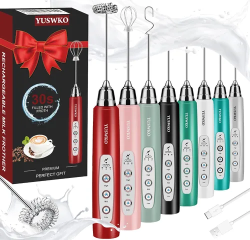 Vista 47 de YUSWKO Baby Blue - Varita espumadora de leche de mano para café, batidor eléctrico recargable con 3 cabezales, 3 velocidades, mezclador de bebidas