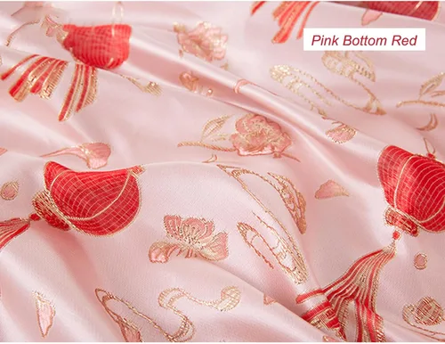 Vista 3 de BAWHO Besutiful Dyeing Jacquard Silk Satin Fabric Inelastic Cheongsam Style Pink Festive Red Lantern Pattern Golden Line Edge Cloth for Tang Suit