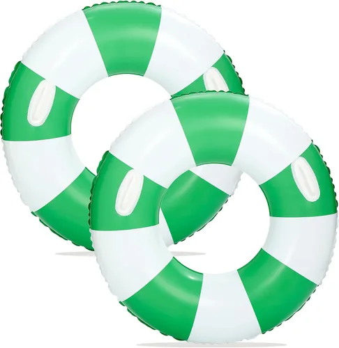 Vista 11 de Flotadores inflables de piscina para adultos, paquete de 2 flotadores a rayas, tubos de piscina, anillos de natación con asas, flotador inflable