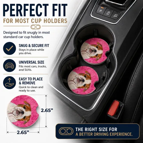 Vista 2 de Caroline's Treasures SS4760-PKCARC - Juego de 2 portavasos para automóvil, diseño de bulldog inglés, absorbentes para automóvil, portavasos