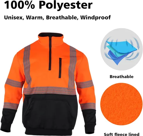 Vista 5 de VENDACE Hi Vis Safety Reflective Sweatshirt for Men ANSI Class 3 High Visibility Fleece 1/4 Zipper Jacket No Hood Naranja