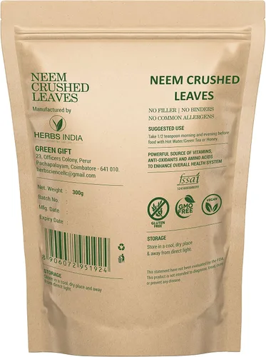Vista 2 de Hojas de neem trituradas (no en polvo), bueno para hacer té fresco de hojas de neem 21.16 oz (21.2 onzas), suplementos herbales - HerbsIndia