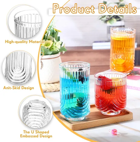 Vista 3 de Vesici 8 vasos de cóctel, diseño de arco, cristalería acanalada, vintage, ondulados, para bebidas de agua de whisky, café helado, jugo, leche, 14