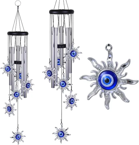Vista 8 de Campanillas de viento azules con ojo maléfico para decoración exterior, atrapavientos móvil con sol y ojo maléfico, campanas de viento con sol y ojo