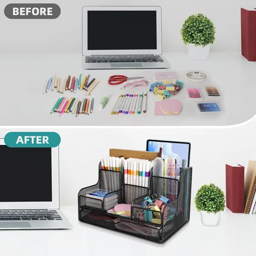 Vista 5 de Organizador de Escritorio de Malla Negra Caddy y Accesorios con 7 Compartimentos, Accesorios de Escritorio Multifuncionales de Malla Organizadores