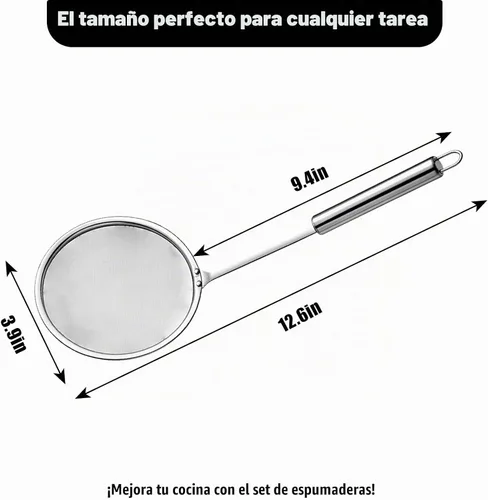 Vista 2 de Cuchara de acero inoxidable para espumadera de grasa de 4 pulgadas, colador de grasa multifuncional de malla fina con mango resistente al calor