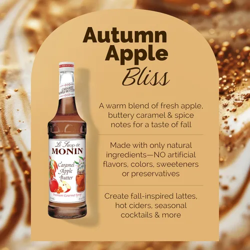 Vista 3 de Monin - Jarabe de mantequilla de manzana con caramelo, sabor a caramelo mantecoso y manzana cocida, sabores naturales, ideal para lattes calientes