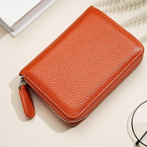 Vista 8 de Cartera de cuero genuino con bloqueo RFID, billetera con cremallera de lujo para mujeres con monedero, Color café, Classic