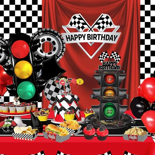 Vista 5 de 2 globos de señal de tráfico para decoración de fiestas de cumpleaños de coches de carreras, globos de tráfico, suministros de fiesta de cumpleaños