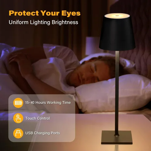 Vista 3 de Lámpara de mesa recargable inalámbrica para interiores y exteriores, con control táctil LED regulable, lámpara de mesa inalámbrica USB C, funciona