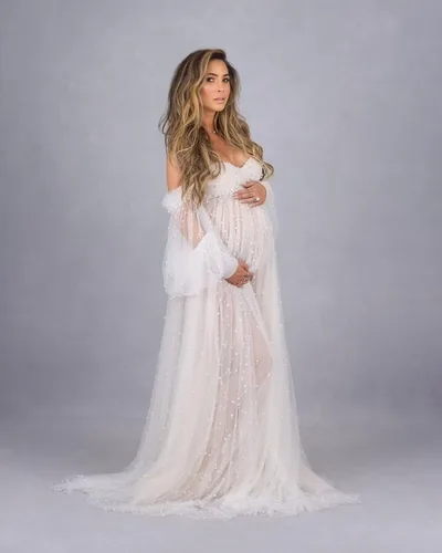 Vista 3 de Vestido de maternidad para sesión de fotos, hombros descubiertos, bata de tul larga para baby shower, vestido de embarazo nupcial