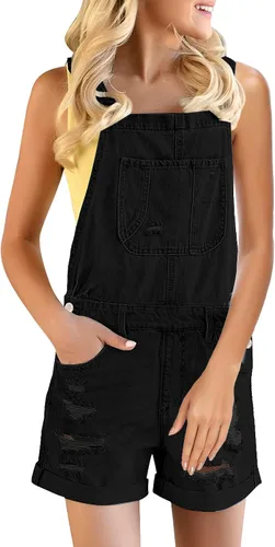 Vista 3 de GRAPENT Pantalones cortos de mezclilla rasgados con tirantes ajustables para mujer