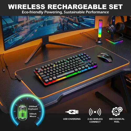 Vista 2 de Combo de teclado y mouse inalámbricos para juegos, batería recargable con retroiluminación LED, teclado de tacto mecánico ultra compacto, ratones