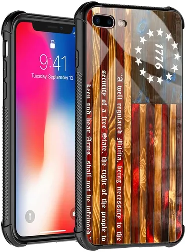 Vista 308 de Funda compatible con iPhone 8, a prueba de golpes, antiarañazos, bandera de ciervos de cola blanca de grano de madera estadounidense