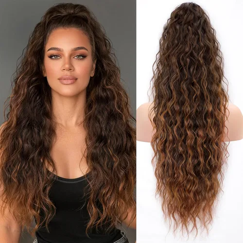 Vista 29 de KooKaStyle Extensión de cola de caballo con cordón de 26 pulgadas (66 cm) para mujeres, extensiones de cabello sintético rizado largo para uso