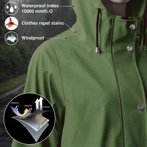 Vista 3 de UNIQUEBELLA Chubasqueros impermeables para mujer, impermeables, abrigos largos con capucha para lluvia, rompevientos, gabardina para exteriores