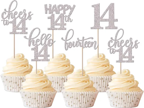 Vista 18 de Rsstarxi Paquete de 30 adornos para cupcakes de 6º cumpleaños con purpurina negra de seis Hello 6 para cupcakes Cheers to 6 años de edad