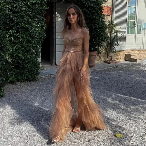 Vista 5 de SanLIJIAN Vestido de fiesta de tul para mujer, con encaje, plisado, con abertura, longitud hasta el suelo, vestidos de fiesta con cola