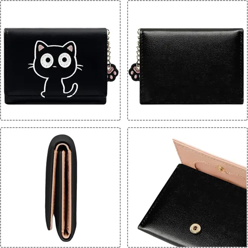 Vista 3 de Sunwel Fashion Lindo portatarjetas con diseño de gato pequeño - Estuche para tarjetas con cremallera de acordeón, bolsillos para efectivo, monedero