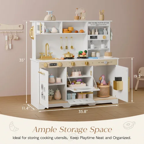 Vista 3 de Juego de cocina para niños, juego de cocina con 21 accesorios divertidos, juego de cocina de juguete con electrodomésticos realistas, almacenamiento