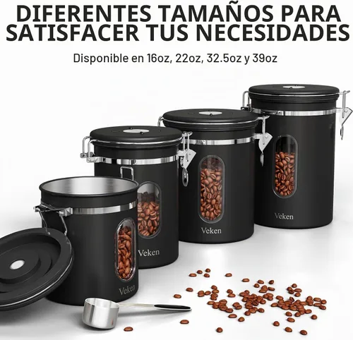 Vista 7 de Veken Recipiente de café con ventana, recipiente hermético de almacenamiento de alimentos de cocina de acero inoxidable con tapas, rastreador