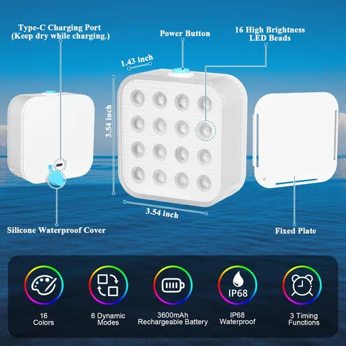 Vista 4 de Luces de piscina recargables con control remoto, 16 luces LED sumergibles con cambio de color, impermeables para piscina enterrada, estanques