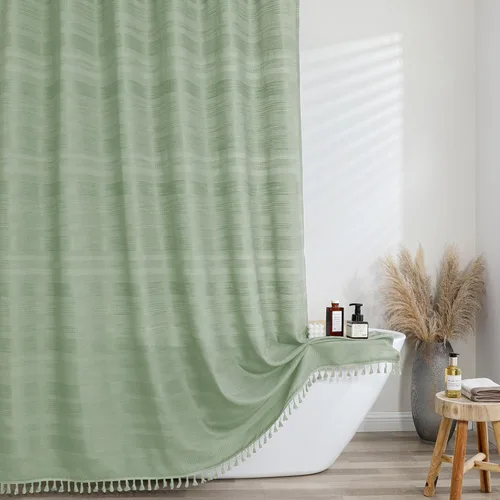 Vista 27 de OVZME Cortina de ducha bohemia negra, cortina de ducha estrecha de tela suave a rayas de lino texturizado con borla, moderna decoración de baño
