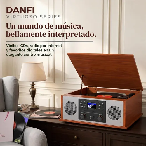 Vista 6 de Tocadiscos Bluetooth retro 10 en 1 con altavoces estéreo, tocadiscos de vinilo de 3 velocidades, reproductor de CD, reproducción y grabación USB/SD