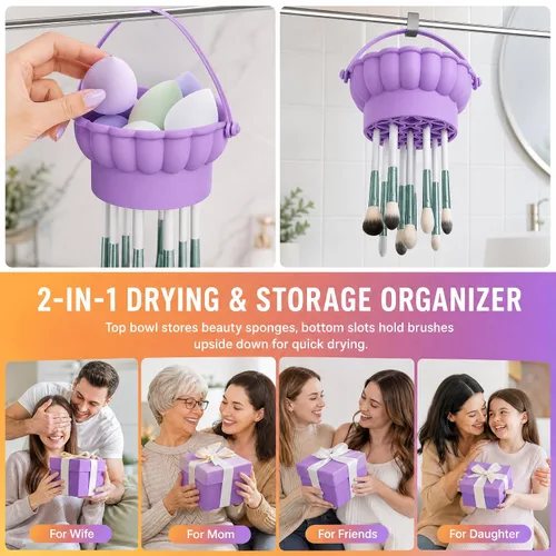 Vista 8 de Pinkiou Makeup Brush Cleaner Mat, 3-in-1 Silicone Cosmetic Brushes Cleaning Bowl with Hanging Drying Mesh & Holder Organizer, Multi-Texture Wash Pad