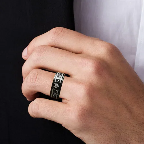 Vista 2 de FLYUN Anillos vikingos nórdicos para hombre, runas celtas, anillo de acero inoxidable negro para hombre, Metal, Acero inoxidable